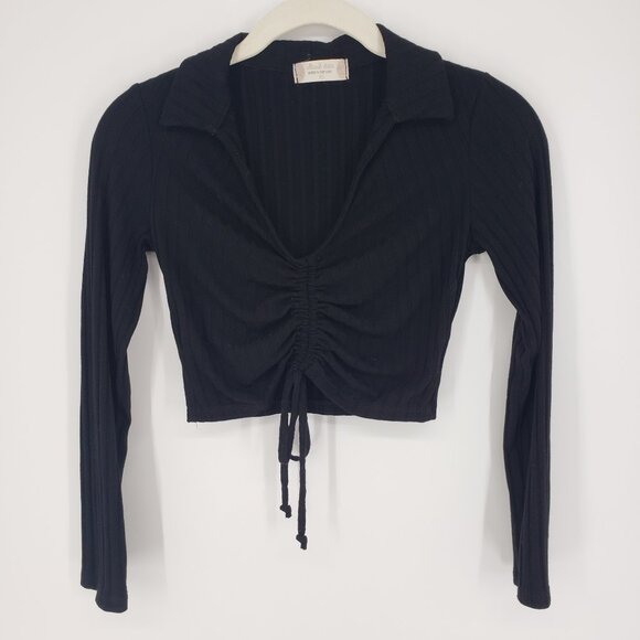 3/$25 469 Altar'ed State Ruched Cropped Top XS Polo Collared Ribbed Long Sleeves - Picture 1 of 6